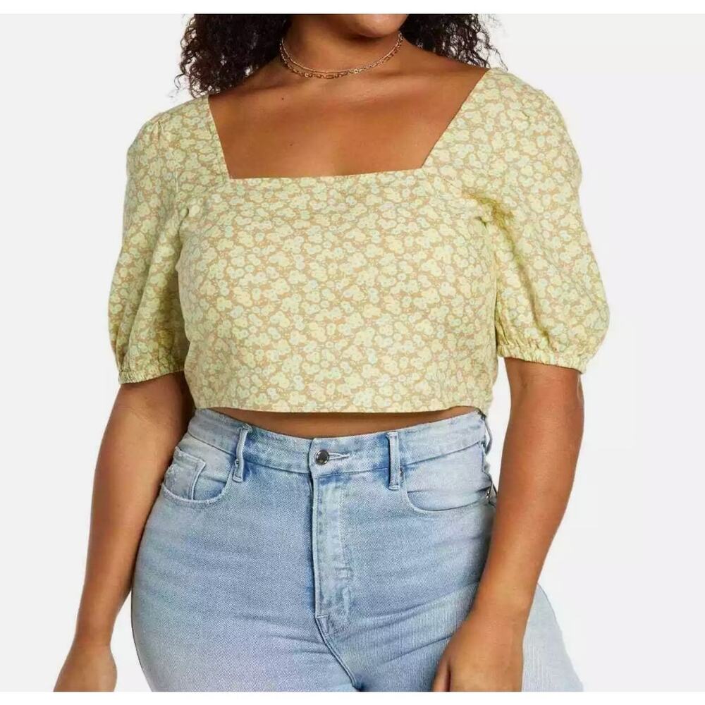 BP Floral Puff Sleeve Linen Blend Crop Top 2X Yellow Beige Nougat Allison Floral